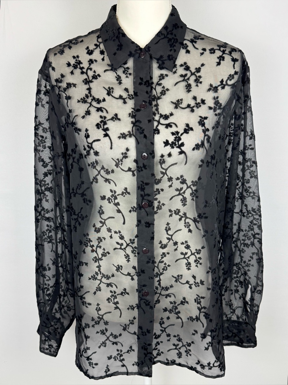 Vintage 90s Sheer Black Long Sleeve Shirt Black Velvet Floral Whimsigoth Sz 14